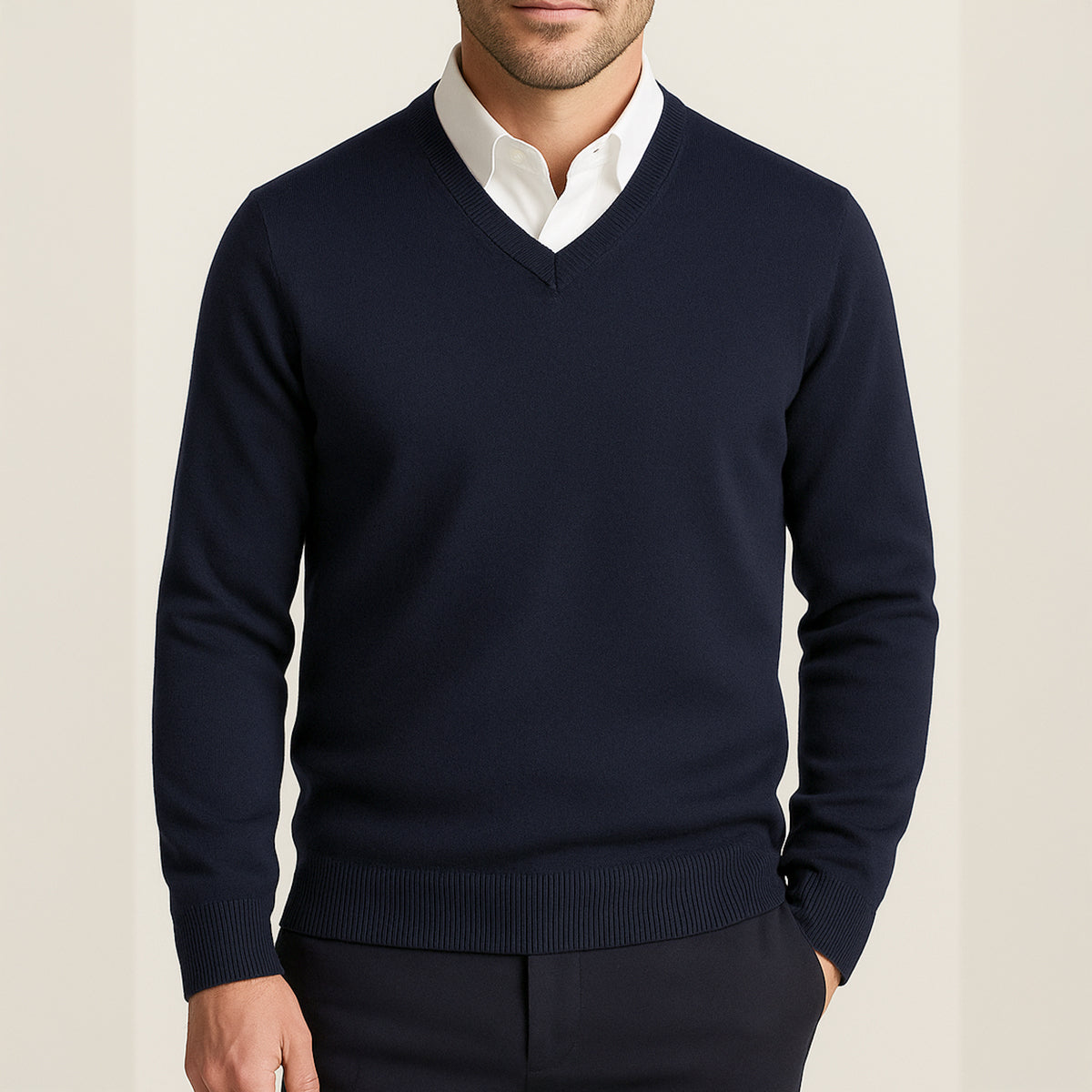Alec | Fine-Knit V-Neck Sweater - Navy Blue