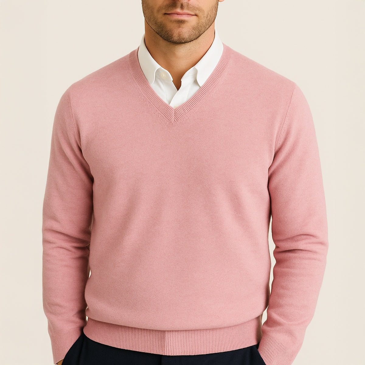 Alec | Fine-Knit V-Neck Sweater - Pink